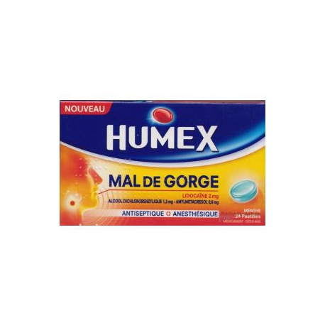 HUMEX Mal de Gorge Lidocaïne 2 mg 24 Pastilles Menthe Glaciale Sans Sucre