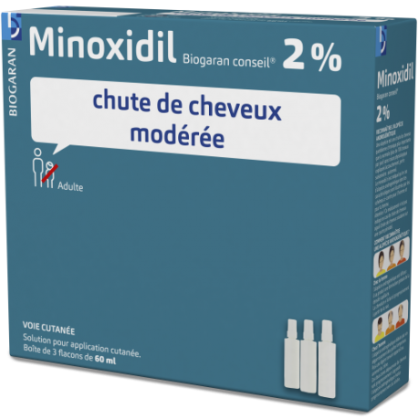 Minoxidil 2% Biogaran Conseil solution chute de cheveux modérée 3 flacons de 60 ml
