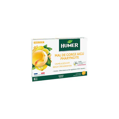 HUMER Mal de Gorge Aigu et Pharyngite Miel Citron 20 Pastilles