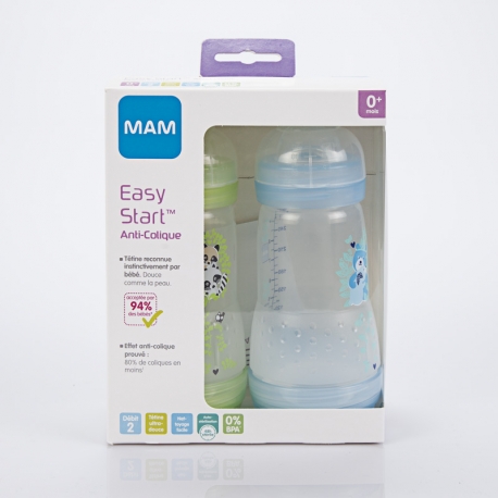 MAM Lot de 2 Biberons Anti-Colique +0 mois (1 Vert + 1 Bleu) 2X260 ml