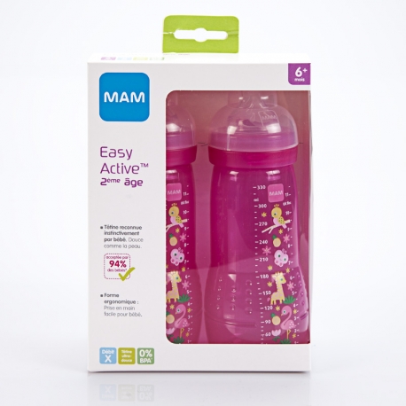 MAM Lot de 2 Biberons +6 mois débit ultra-rapide Rose 2x330 ml